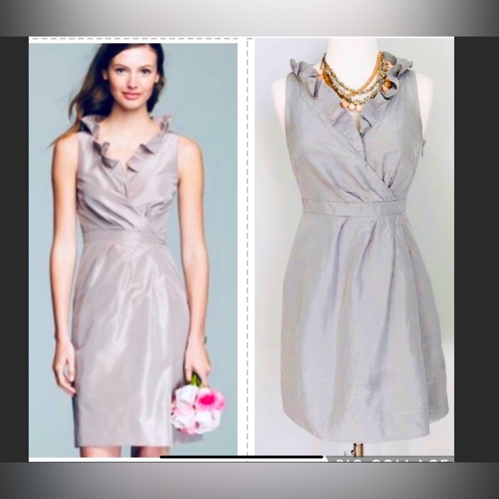J Crew 100% Silk Silver Ruffle Neck Dress 6